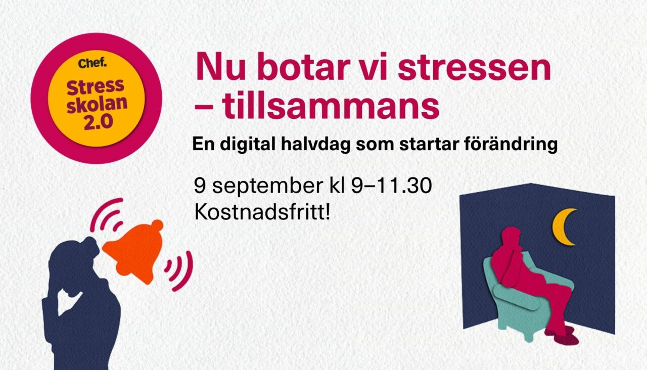 Illustration av stressad chef med en ringande alarmklocka och chef som sitter vaken på natten. Splash med texten Stresskolan 2.0. Bild för eventet Nu botar vi stressen – tillsammans.