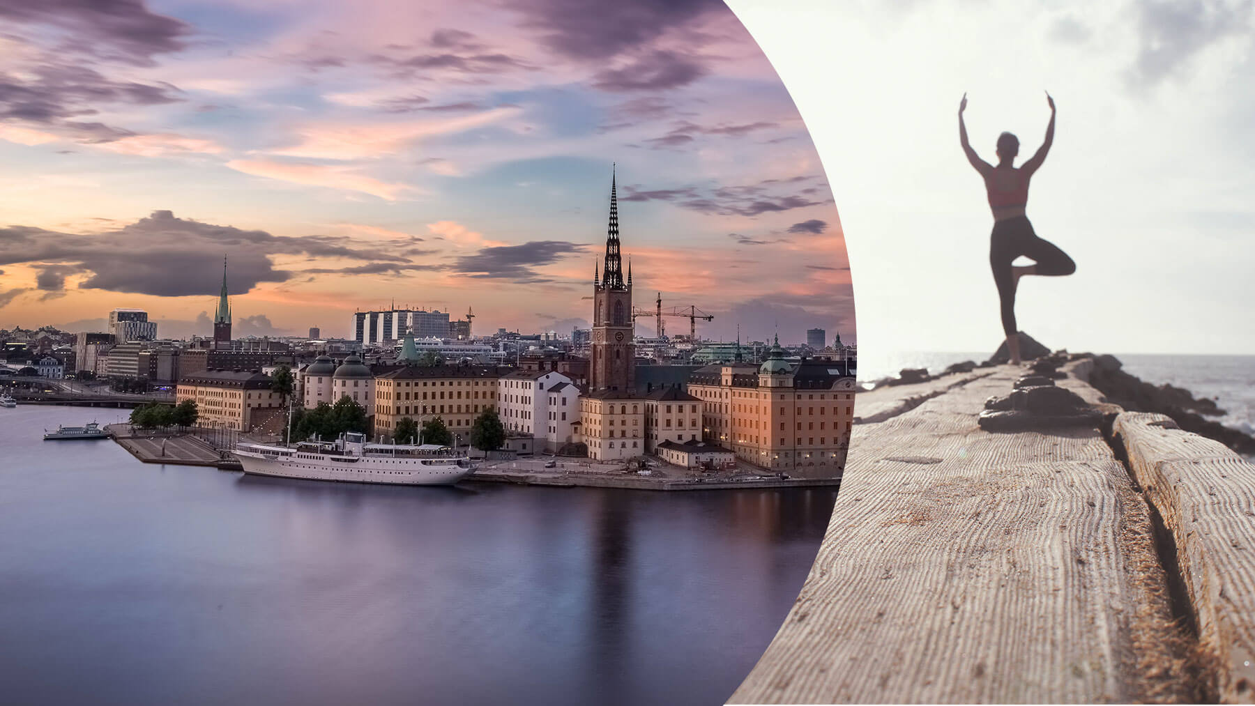 Bild på Stockholm samt en bild på person som gör yoga (collage)