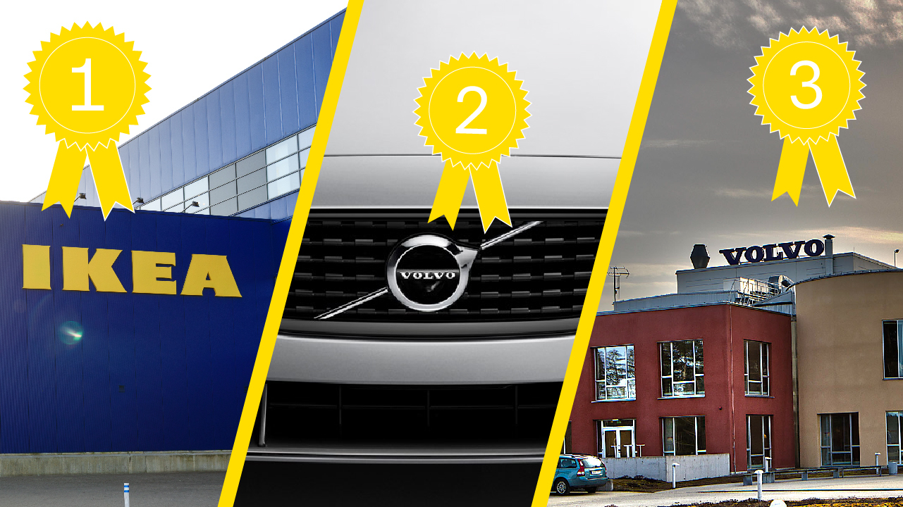 Collage: Ikea, Volvo cars och Volvo groups är topp tre i Sveriges bästa arbetsplatser