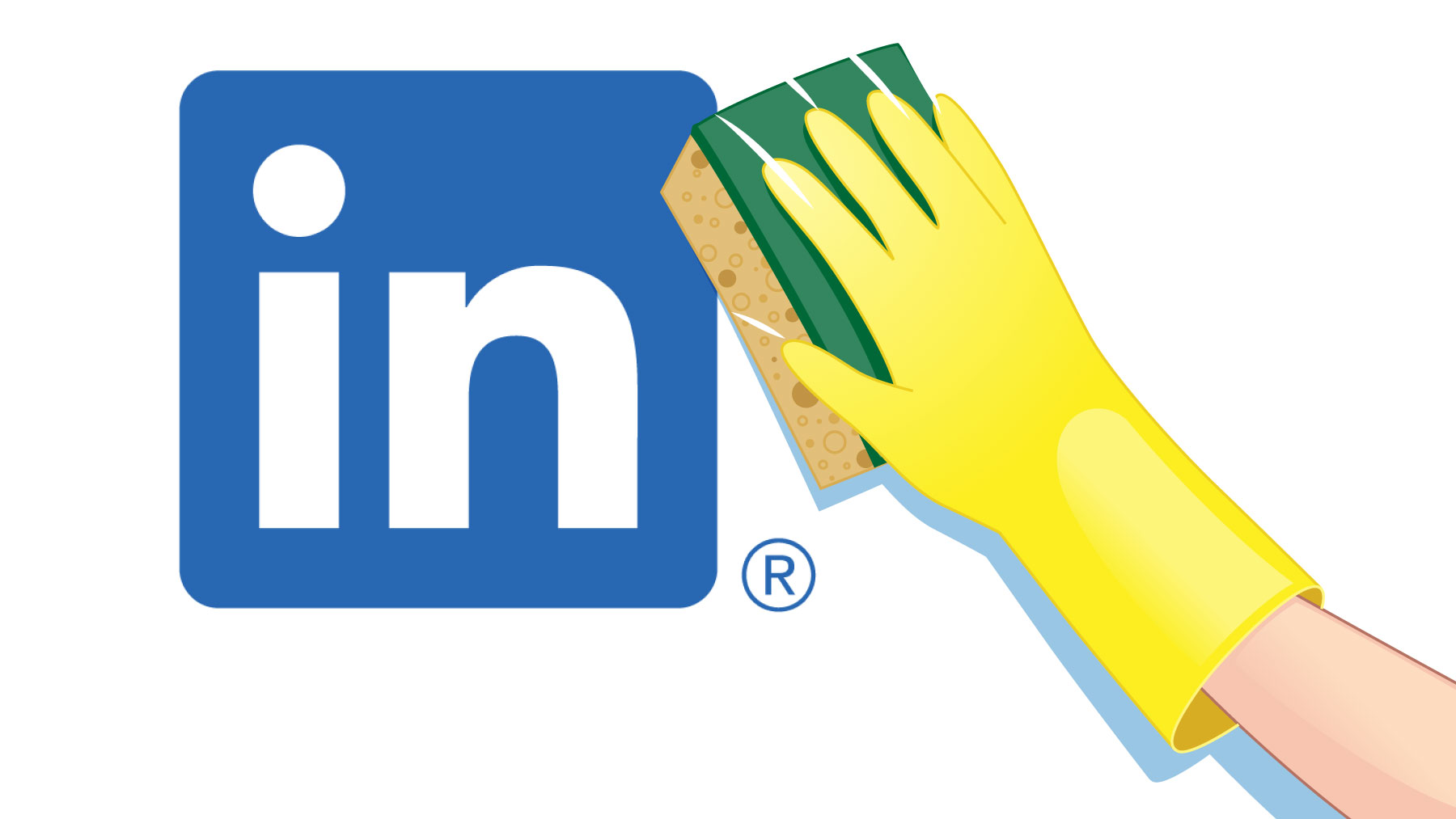 Hand med skursvamp tvättar av LinkedIns logotyp