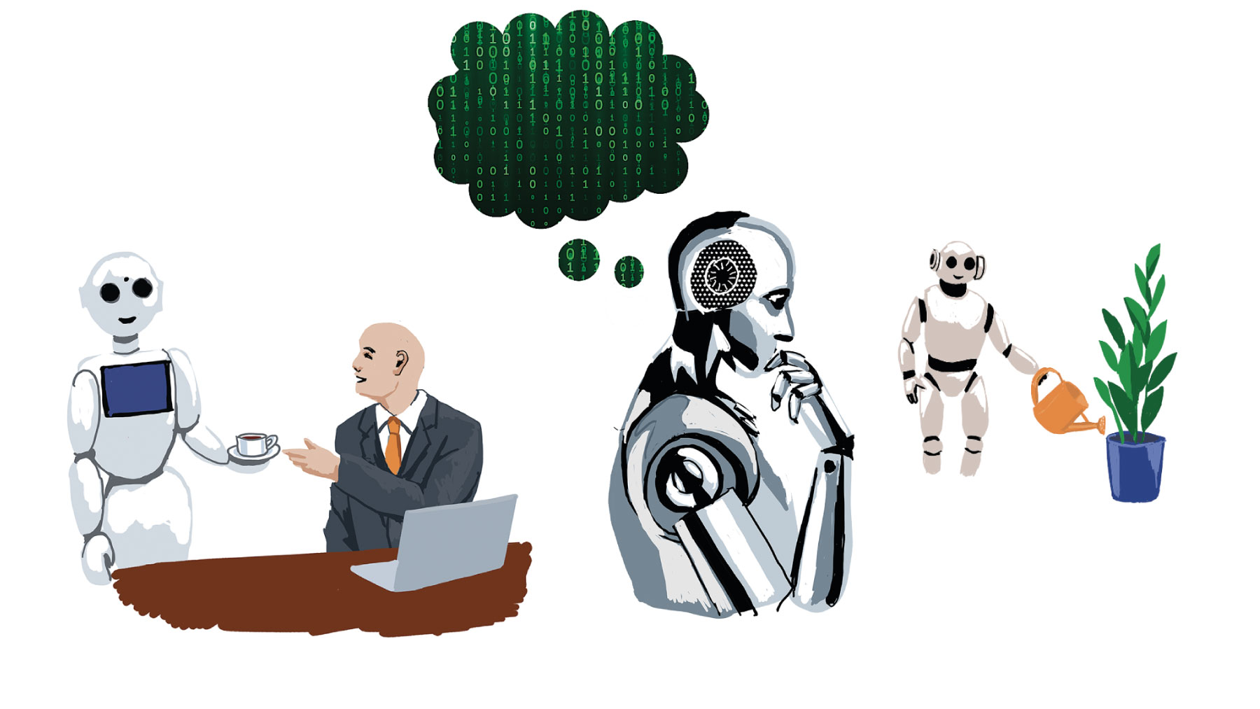 Robot som ger en man kaffe, robot som tänker och robot som vattnar blommor
