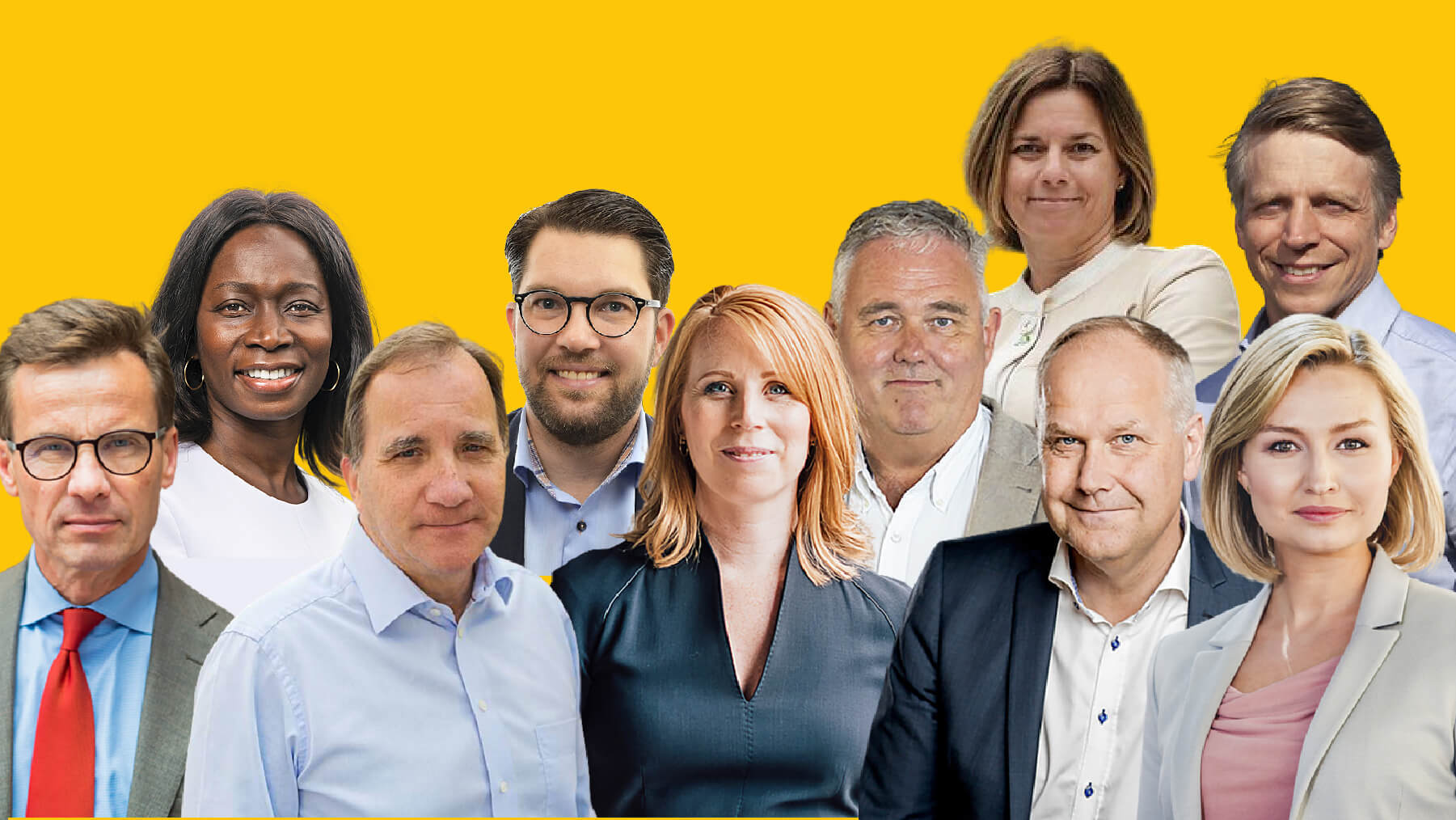 Collage av partiledarna från Moderaterna, Liberalerna, Socialdemokraterna, Sverigedemokraterna, Centern, Miljöpartiet, Vänsterpartiet och Kristdemokraterna