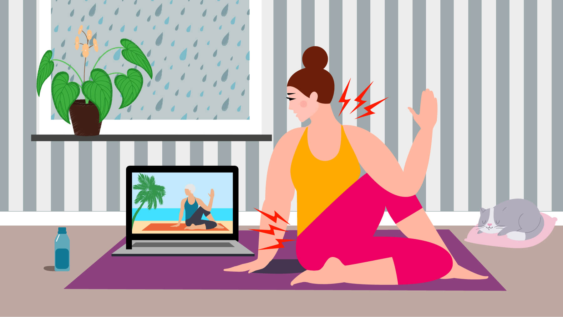 Illustration av person som gör yoga framför en laptop