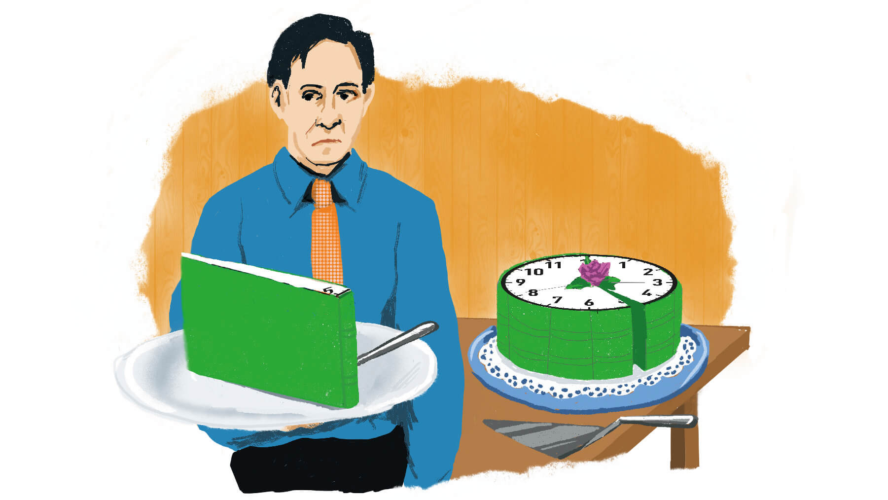 Illustration med en missnöjd man som fått en liten bit av en tårta formad om en klocka.