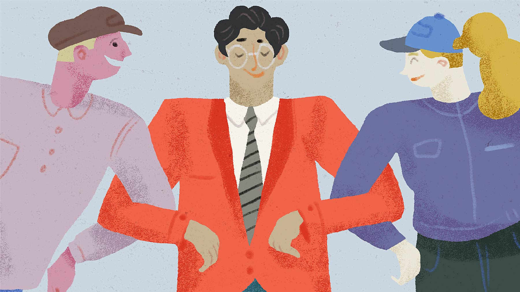 Illustration med tre nöjda personenr som krokar arm med varandra.