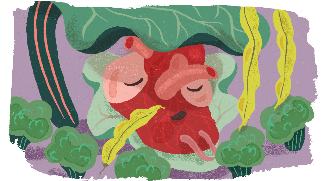 Illustration med ett hjärta uppbyggt av grönsaker.