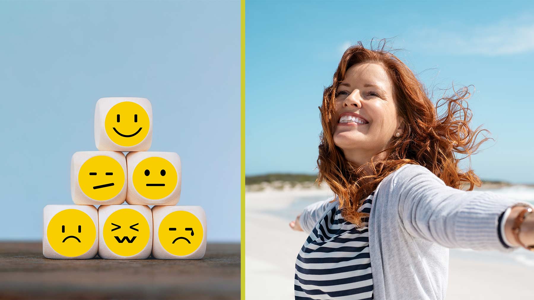 En bild på figurer som gör glada och ledsna miner. Och en bild på en leende kvinna på stranden.