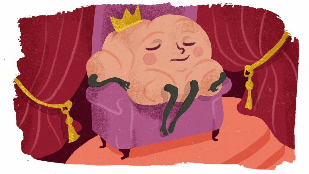 En illustration på en hjärna som sitter på en tron med en krona på 