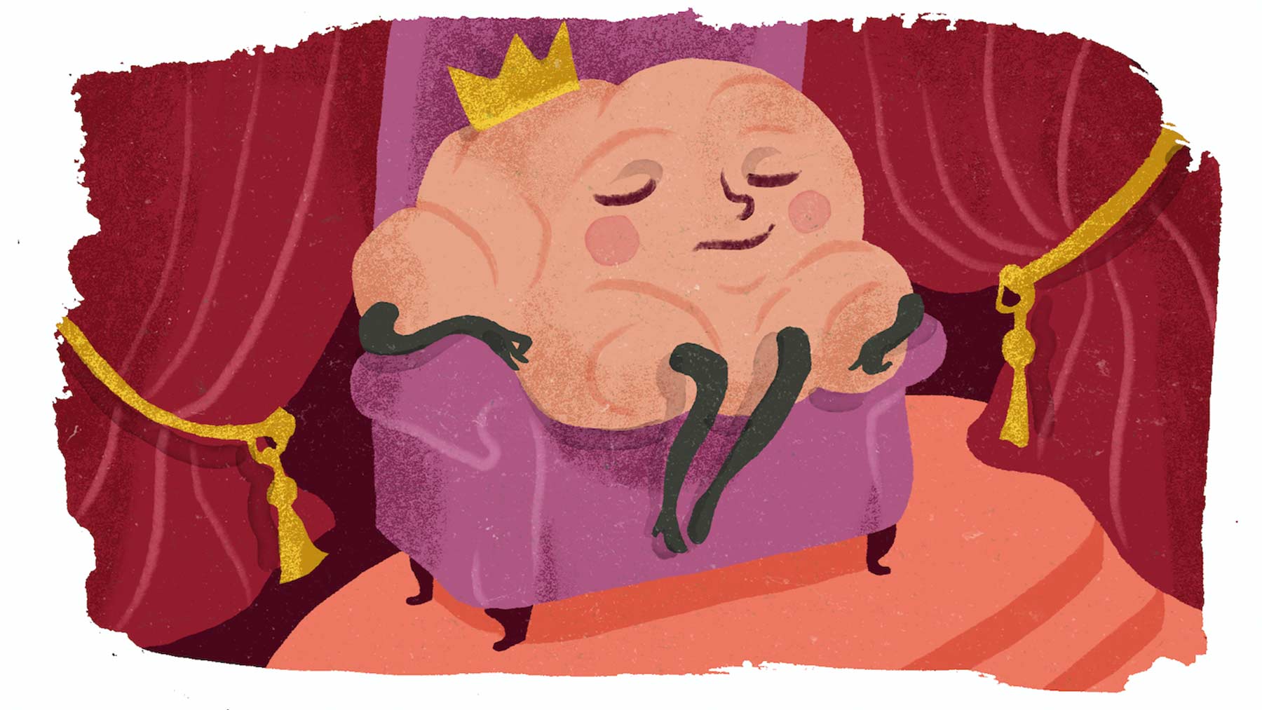 En illustration på en hjärna som sitter på en tron med en krona på "huvudet".