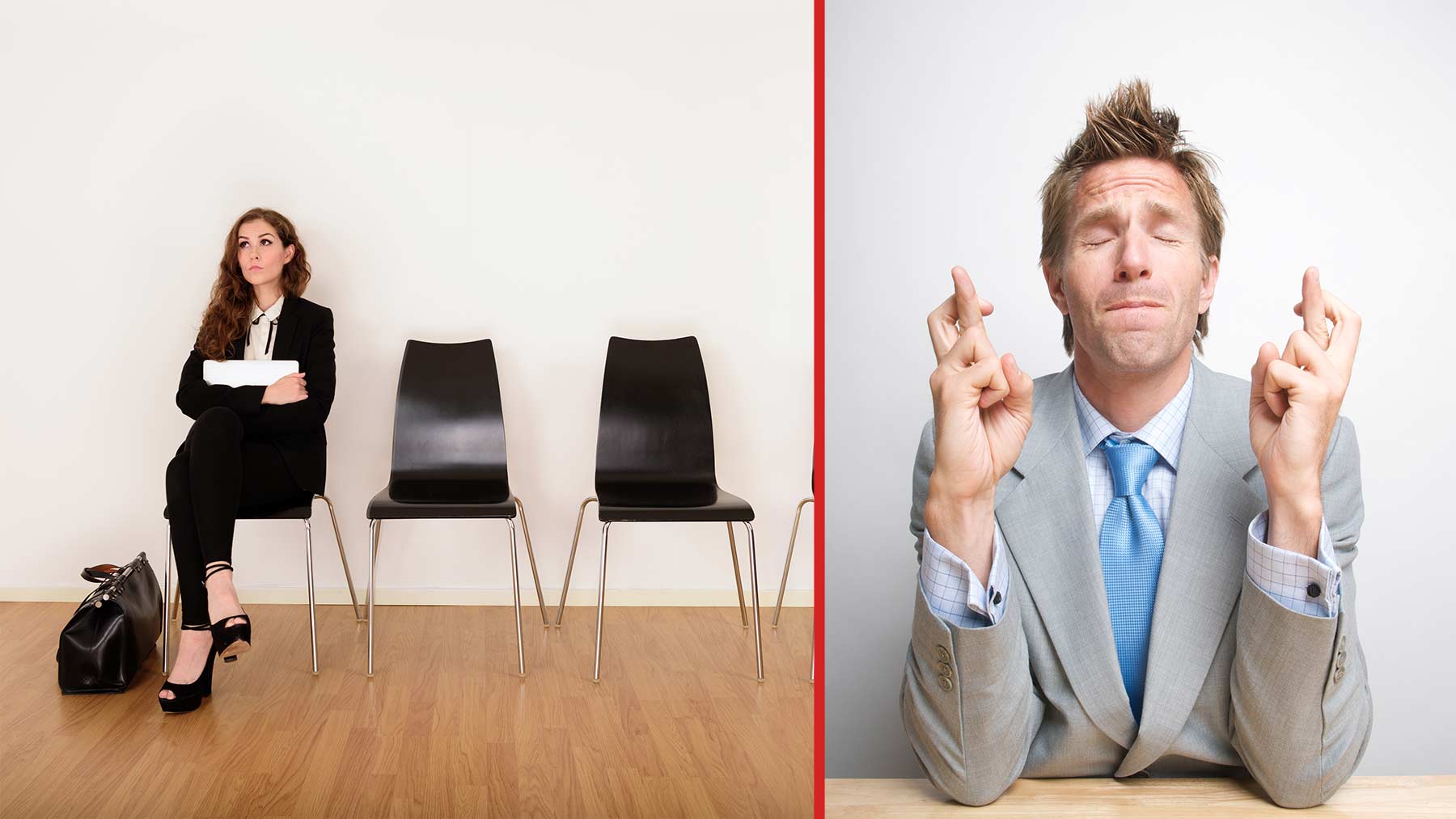 Till vänster: Ensam kvinna sitter och väntar inför en intervju. Till höger: Man i kostym sitter vid ett bord och håller tummarna.