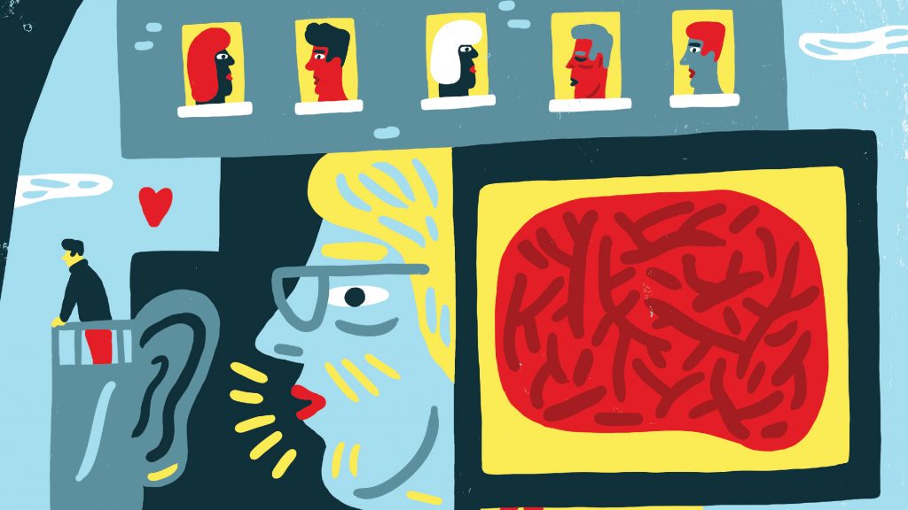 Illustration av bland annat en hjärna och en person som pratar.