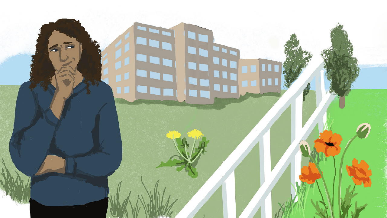Illustration med en kvinna som står och tittar på en gräsmatta på andar sidan staketet som är grönare.